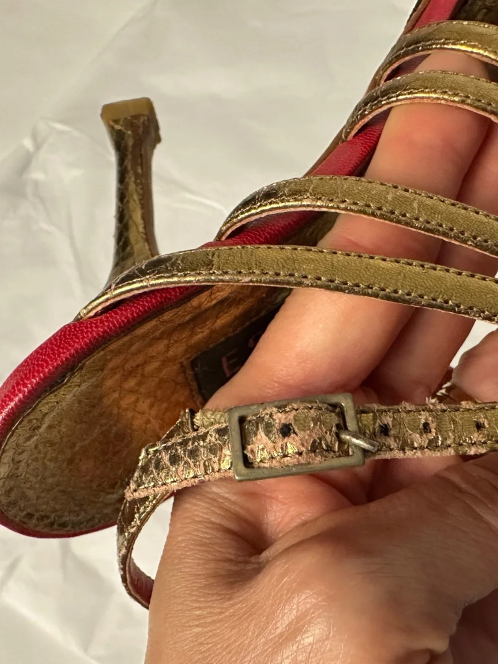ESCADA gold snake print heels with red accents. Size 36.5